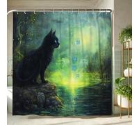 Mystical Cat Shower Curtain, Enchanted Green Blue Forest Bath Curtain for Bathroom Decor, Autumn Winter Fantasy Modern Waterproof Fabric Shower Curtain Set with Hooks 62x72 Inch