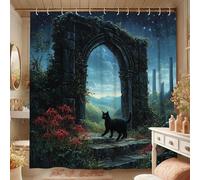 Mystical Cat Shower Curtain, Fantasy Landscape Artwork Bathroom Decor, Autumn Winter Enchanted Forest Style Fabric Shower Curtain with Hooks 62x72 Inch