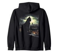 Mystical Cat Silhouette Full Moon City Night Zip Hoodie