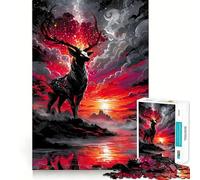Mystical Deer in Red Landscape Hard Jigsaw Puzzle for Adults 1000 Pieces Think Toy Peaceful Fun Clean Cut Fine Art Piece (38x52cm)