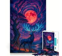 Mystical Deer Under A Red Moon 1000 Pieces Jigsaws Adults Puzzles Gifts Memory Upgrade Leisure Time Sharp Cut Wall Art Decor (38x52cm)