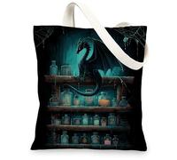 Mystical Dragon Canvas Tote Bags, Enchanted Creature Pattern Reusable Grocery Bags, Gothic Fantasy Lightweight Washable Sho, Black, 13x15 Inch