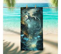 Mystical Dragon Fantasy Beach Towel Blue and Silver Art Decor, Quick Dry Lightweight Absorbent Sand Free, Perfect for Vacation Pool Gym Outdoor Essentials 70x35 Inch