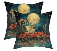 Mystical Fairy Pillow Covers Set of 2, Moonlight Mushroom Garden Throw Pillows Case, Enchanted Decorative Square Nature Decor for Home Sofa Bed Couch 16x16 Inch