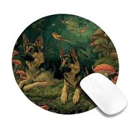 Mystical Forest German Shepherds Mouse Pad, Dark Green Nature Art Design, Vibrant Wildlife Theme Stitched Edge Mousepad, Rubber Non-Slip Washable Gaming Pad for Home and Office Round 8x8 Inch