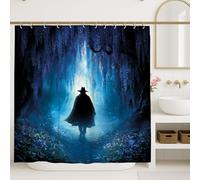 Mystical Forest Shower Curtain, Dark Blue Fantasy Landscape Bathroom Decor, Autumn Winter Enchanted Nature Waterproof Fabric Shower Curtain with Hooks 72x72 Inch