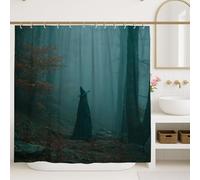Mystical Forest Shower Curtain, Dark Teal Witch Bathroom Decor, Autumn Halloween Enchanted Style Waterproof Fabric Shower Curtain with Hooks 72x84 Inch