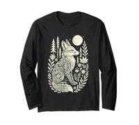 Mystical Fox Moon Folk Art Linocut Whimsical Woodland Long Sleeve T-Shirt