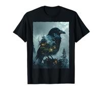 Mystical Gothic Raven Crow Double Exposure Dark Pine Forest T-Shirt
