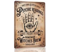 Mystical Halloween Metal Sign with Psychic Readings Witches Brew Design, Great for Decorating Coffee Bars, Tarot Corners, Witchy Entryways, Or Magical Reading Rooms, 8x12 Inch