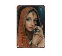 Mystical Indian Woman with Siamese Cat Tin Sign Vintage Metal Pub Club Cafe Bar Home Wall Art Decoration Poster Retro 8x12inch(20x30cm)