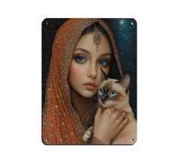 Mystical Indian Woman with Siamese Cat Tin Sign Vintage Metal Pub Club Cafe Bar Home Wall Art Decoration Poster Retro 12x16inch(30x40cm)