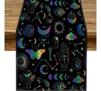 Mystical Moon Moth Table Runner, Boho Magic Purple Blue Sun Moon Phase Gothic Witch Hands Table Runner for Home Kitchen Dining Table Indoor Outdoor Party, 13x36inch