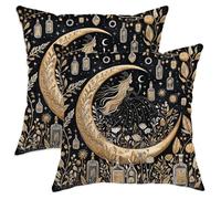 Mystical Moon Throw Pillow Covers Set of 2, Black and Gold Celestial Decorative Cushion Cases for Home Sofa Bed Couch, Halloween Autumn Farmhouse Decor 12x12 Inch