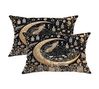 Mystical Moon Throw Pillow Covers Set of 2, Black and Gold Celestial Decorative Cushion Cases for Home Sofa Bed Couch, Halloween Autumn Farmhouse Decor 20x12 Inch