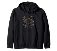 Mystical Moon Woman Line Art with Celestial Stars Zip Hoodie