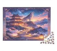 Mystical Mountain Wolf 1000 Piece Jigsaw Puzzle Paper Puzzle for Adults Moonlit Ancient Architecture Relaxing Focus Home Decor Gift 52x38cm/1000pcs
