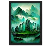 Mystical New Age Crystal Jade Green Landscape Painting Artwork Framed Wall Art Print A4 Artery8 Black One Size
