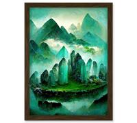 Mystical New Age Crystal Jade Green Landscape Painting Artwork Framed Wall Art Print A4 Artery8 Brown One Size