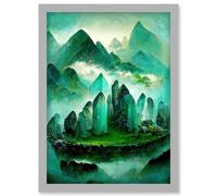 Mystical New Age Crystal Jade Green Landscape Painting Artwork Framed Wall Art Print A4 Artery8 Light Grey One Size
