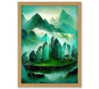 Mystical New Age Crystal Jade Green Landscape Painting Artwork Framed Wall Art Print A4 Artery8 Light Oak One Size