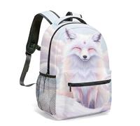 Mystical Nine-Tailed Fox Backpack, 16 Inch All-Over Print Fluffy Red Eyes Fox Bag, Pink Cherry Blossom Fantasy Oriental Rucksack (05)