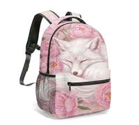 Mystical Nine-Tailed Fox Backpack, 16 Inch All-Over Print Fluffy Red Eyes Fox Bag, Pink Cherry Blossom Fantasy Oriental Rucksack (03)