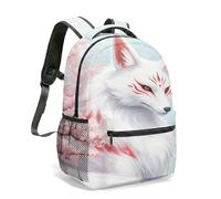 Mystical Nine-Tailed Fox Backpack, 16 Inch All-Over Print Fluffy Red Eyes Fox Bag, Pink Cherry Blossom Fantasy Oriental Rucksack (02)