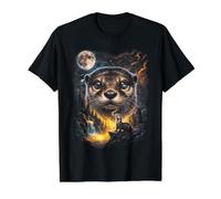 Mystical Otter Howling Full Moon River Nature Art Value Graphic T-Shirt, Men, Black, S