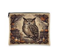 Mystical Owl Apothecary Autumn Quote Halloween Makeup Bag 7x9 Inch | Mystical Apothecary Aesthetic, Cosmetic Bag, Autumnal Maple Leaf Accents, Ornate Vintage Frame Design