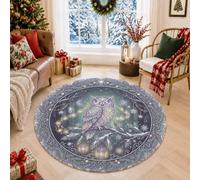 Mystical Owl Winter Fantasy Round Area Rug 5ft | Hanging Lanterns, Circle Rug, Celestial Stars, Fanciful, Animal Lovers, Cozy Reading Corner, Serene Midnight Theme