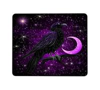 Mystical Raven Starry Night Mouse Pad, Violet Black Celestial Design Stitched Edge Mousepad, Rubber Non-Slip Washable Gaming Mouse Pad for Home and Office Use Square 8x10 Inch