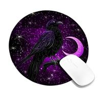 Mystical Raven Starry Night Mouse Pad, Violet Black Celestial Design Stitched Edge Mousepad, Rubber Non-Slip Washable Gaming Mouse Pad for Home and Office Use Round 8x8 Inch