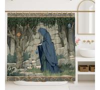 Mystical Shower Curtain, Enchanted Forest Blue Green Fantasy Bathroom Decor, Autumn Winter Bohemian Art Fabric Shower Curtain with Hooks 72x84 Inch