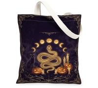 Mystical Snake Moon Phase Gothic Quote Halloween Canvas Tote Bag 13x15 Inch | Luminous At Night Aesthetic, Lunar Cycle Motif, Gothic Filigree Frame, Witchy Atmosphere, Celestial Art Style