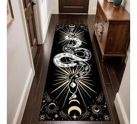 Mystical Snake Runner Rug, 80x300cm, Gold Occult Celestial and Moon Designs Black Hallway Rugs, Non Slip Low Pile Retro Gothic Decor Carpet for Bedroom Lounge