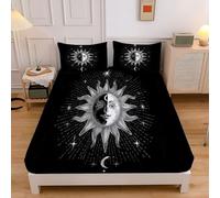 Mystical Sun And Moon Print Bedding Fitted Sheet Super King, Tarot Starry Sky Fitted Sheets Deep Pocket 12 In, Easy Care Soft Brushed, Shrinkage Fade Resistant, Black And White Bottom Sheet