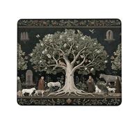 Mystical Tree of Life Mouse Pad, Enchanted Forest Green Gray Design, Vintage Animal Art Non-Slip Gaming Mousepad for Home and Office Computer, Laptop Square 8x10 Inch
