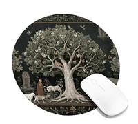 Mystical Tree of Life Mouse Pad, Enchanted Forest Green Gray Design, Vintage Animal Art Non-Slip Gaming Mousepad for Home and Office Computer, Laptop Round 8x8 Inch
