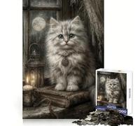 Mystical White Cat with Full Moon 1000 Piece Jigsaw Puzzles for Adults Jigsaw Brain Skill Warm Time Exact Edge (38x26cm)