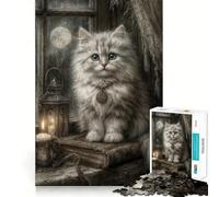 Mystical White Cat with Full Moon 1000 Piece Jigsaw Puzzles for Adults Jigsaw Brain Skill Warm Time Exact Edge (38x26cm)
