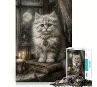 Mystical White Cat with Full Moon Adult Jigsaw Puzzles1000 Pieces Mind Exercise Toy Tension Relief Design Assembly Lovely Present (50x75cm)