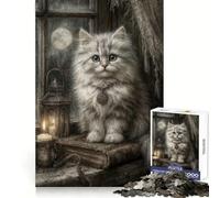 Mystical White Cat with Full Moon Adult Jigsaw Puzzles1000 Pieces Mind Exercise Toy Tension Relief Design Assembly Lovely Present (50x75cm)