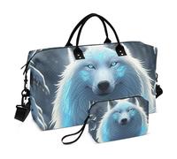 Mystical White Wolf Blue Duffel Bag Womens & Cosmetic Pouch Set of 2, Floral Womens Gym Bag Tote Weekender Carry on Bags