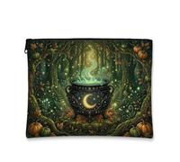Mystical Witch Cauldron Forest Theme Halloween Makeup Bag 7x9 Inch | Magical Forest Theme, Makeup Zipper Pouch, Crescent Moon Art, Autumn Harvest Pumpkins, Mystical Atmosphere