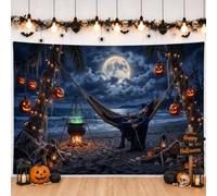 Mystical Witch Moonlit Beach Theme Halloween Backdrop Banner 83x59 Inch | Jack-o'-lanterns, Photo Backdrop, Bubbling Cauldron, Tropical Palm Trees, Full Moon, Coastal Night Setting