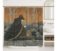 Mystical Witch Shower Curtain, Dark Gray Black Forest Bathroom Decor, Autumn Halloween Modern Art Waterproof Fabric Curtain with Hooks 72x84 Inch