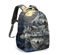 Mystical Wolf Full Moon Print Backpack 16 Inch 360 All Over Realistic Forest Night Silhouette Design Large Daypack (04)