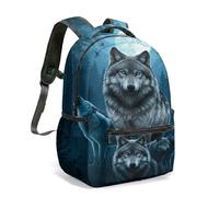 Mystical Wolf Full Moon Print Backpack 16 Inch 360 All Over Realistic Forest Night Silhouette Design Large Daypack (01)