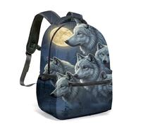 Mystical Wolf Full Moon Print Backpack 16 Inch 360 All Over Realistic Forest Night Silhouette Design Large Daypack (03)